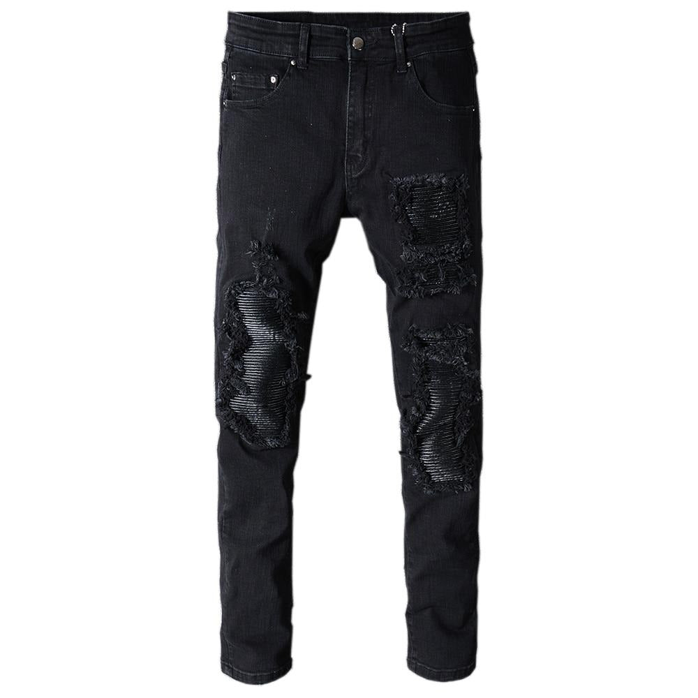 Skinny Fit Distressed Ribbed Leather Denim Jeans, Men's Moto Jeans