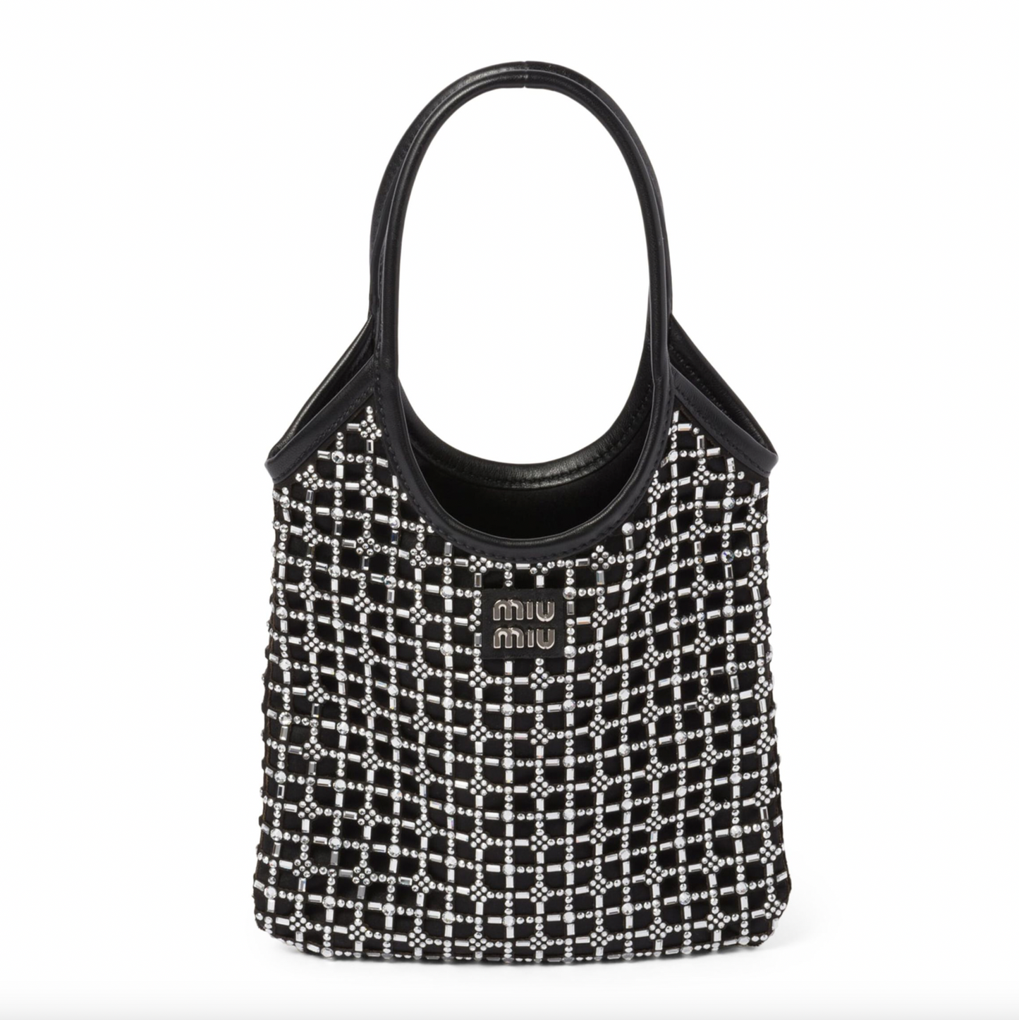 SMALL SATIN CRYSTAL-EMBELLISHED TOP-HANDLE BAG - BLACK