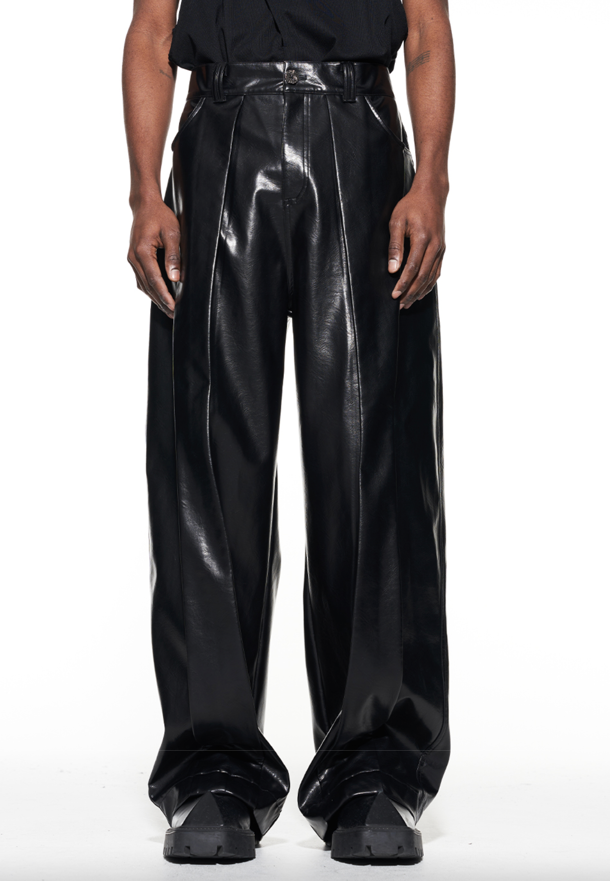 pushBUTTON Black Leather Panty Line Straight Denim Jeans